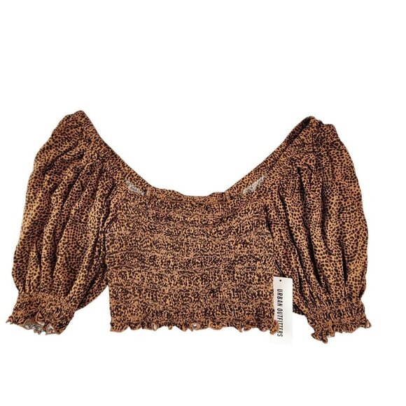Urban Outfitters Giselle Cheetah Smocked Square Neck Puff Sleeve Ruffle Crop Top - Picture 1 of 13
